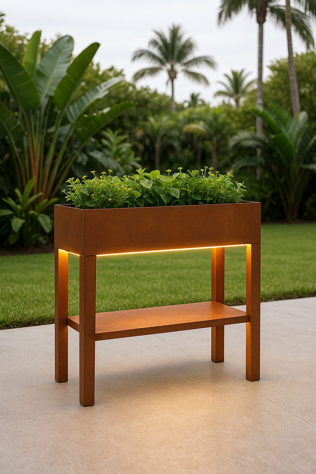 Raised Garden Bed with LED Lighting & Open Shelf – Modern Handcrafted Outdoor Planter