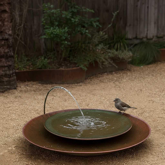 Modern Corten Steel Bird Bath Fountain: Minimalist Garden Decor with LED