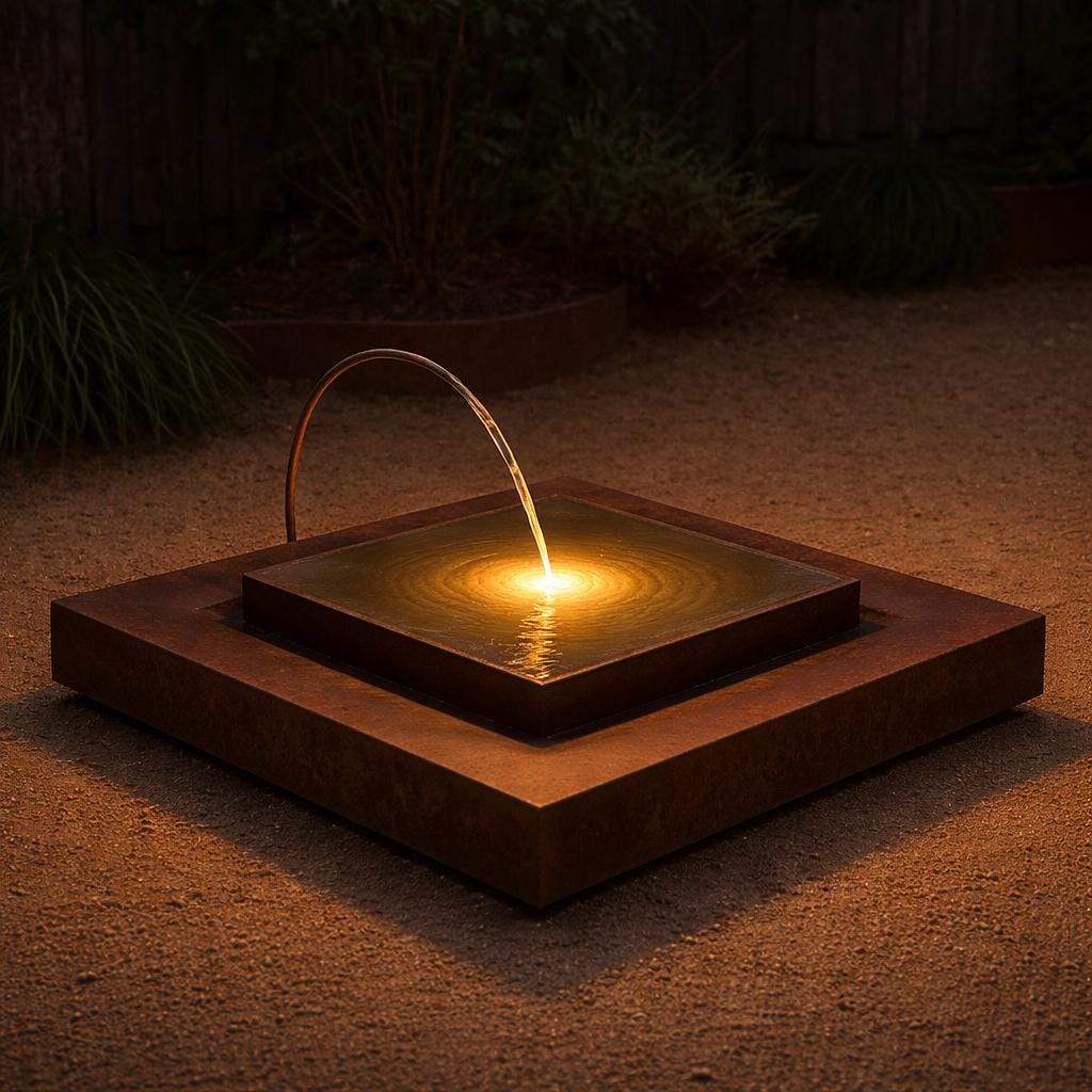 Modern Corten Steel Bird Bath Fountain: Minimalist Garden Decor with LED