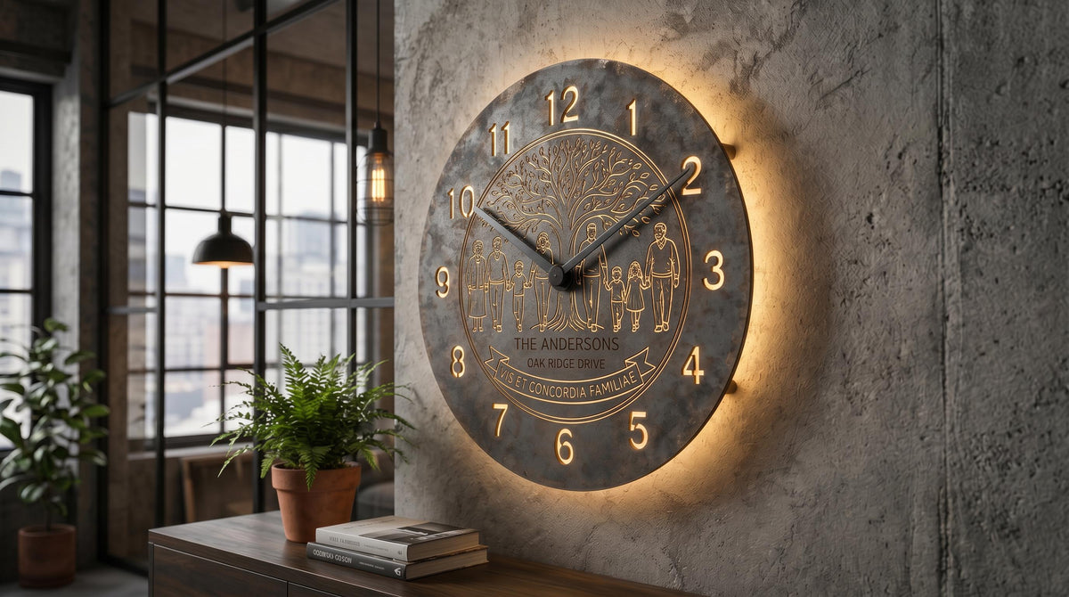 Personalized Raw Steel LED Wall Clock | Industrial Loft Decor, Custom Family Name Sign