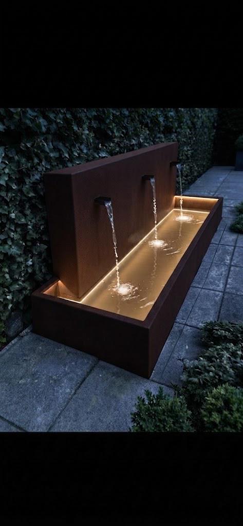 Modern Industrial Outdoor Water Fountain – LED Lighting, Triple Spouts (50" H x 45" W)
