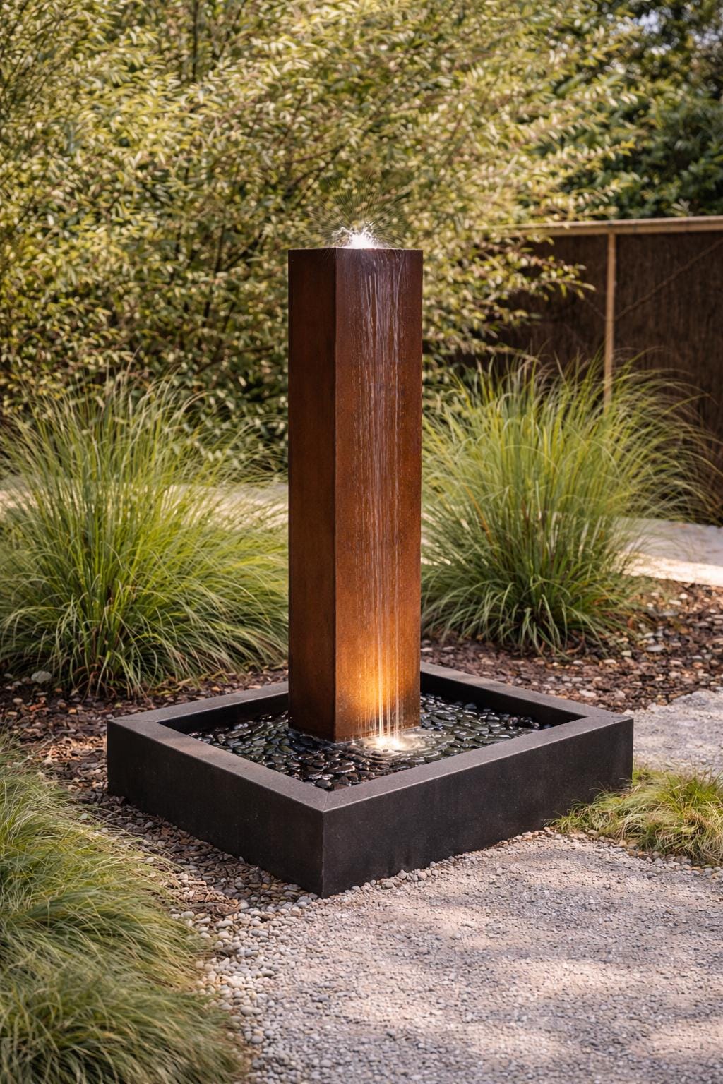 Modern Steel Water Fountain with LED Lighting – 3-Blocks Outdoor Water Feature