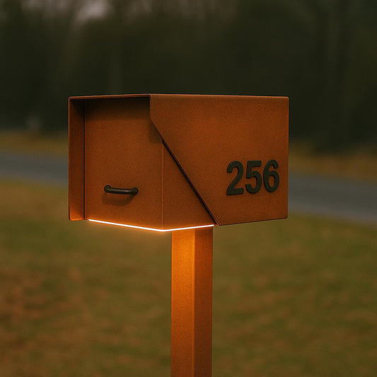 Modern Mailbox with LED Light & Custom Address Numbers – Minimalist Handcrafted Outdoor Mailbox