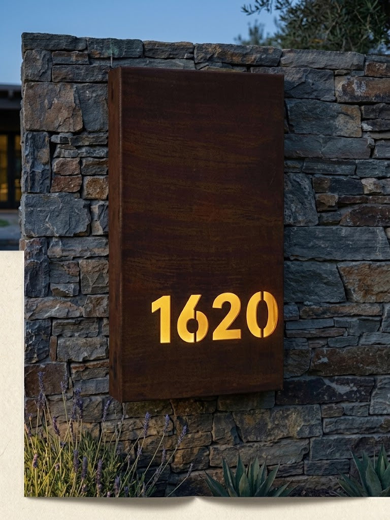 Custom Steel Address Sign with LED Backlighting – Modern Corten Style House Numbers