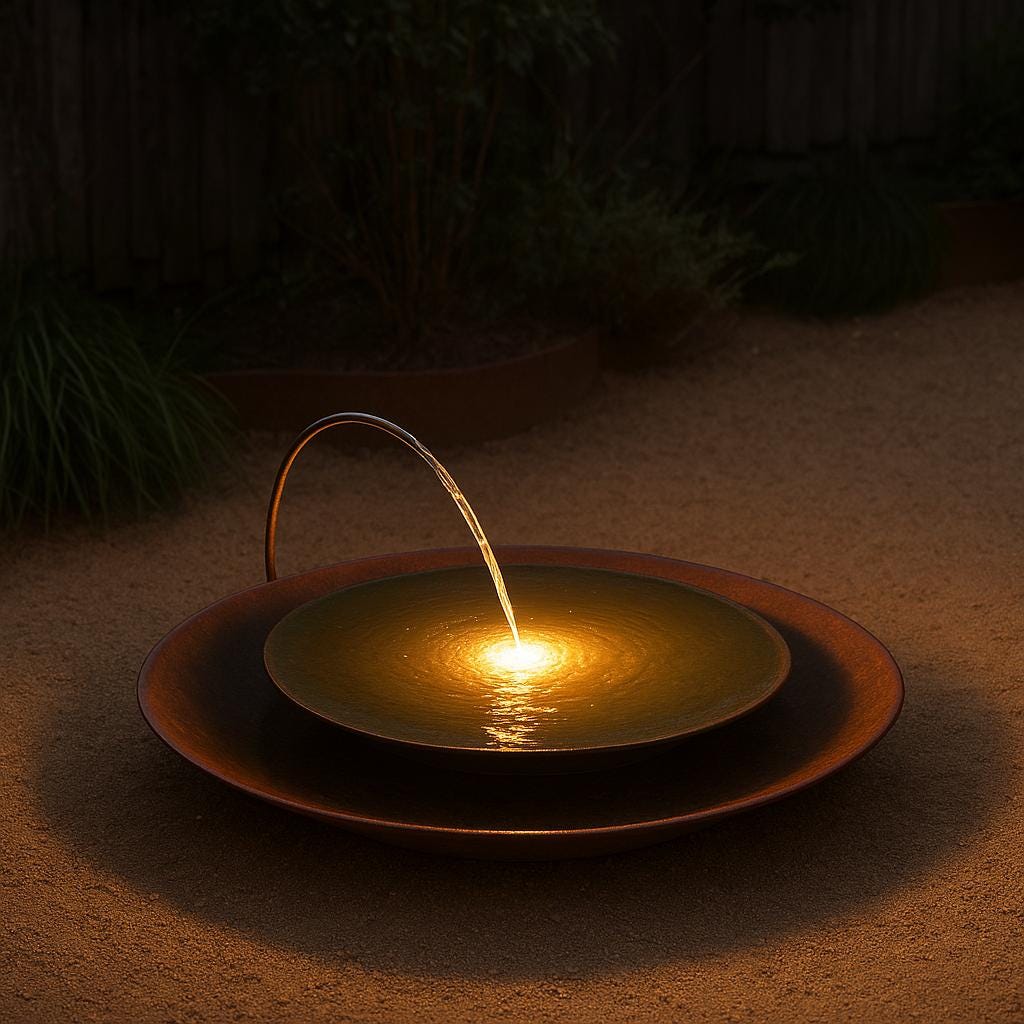 Modern Corten Steel Bird Bath Fountain: Minimalist Garden Decor with LED