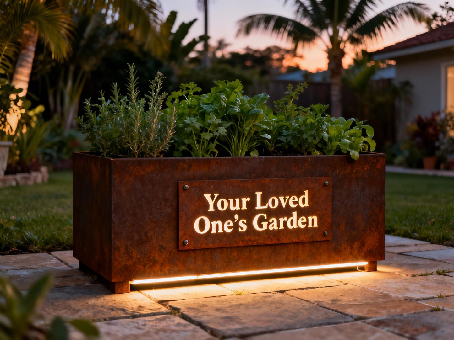 Raised Garden Bed with LED Lighting & Open Shelf – Modern Handcrafted Outdoor Planter