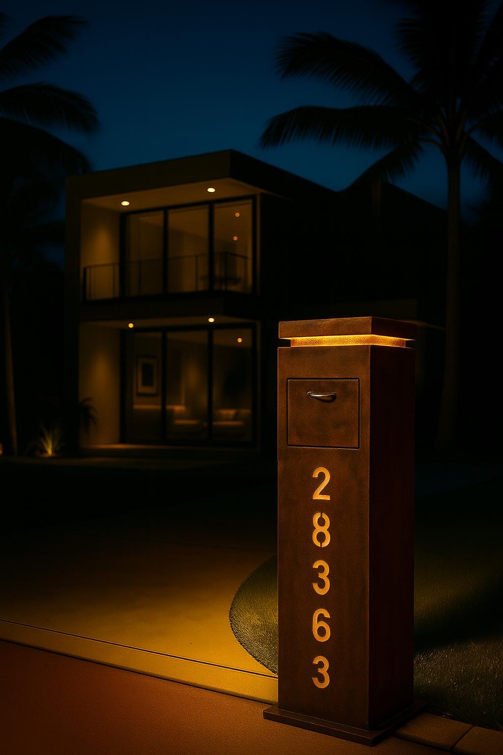 Modern Mailbox with LED Light & Custom Address Numbers – Handcrafted Rust Finish Outdoor Mailbox