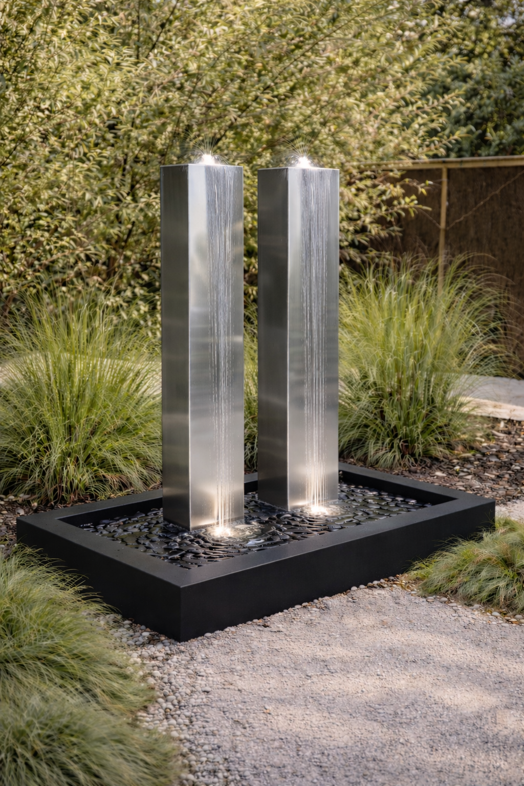 Modern Steel Water Fountain with LED Lighting – 3-Blocks Outdoor Water Feature