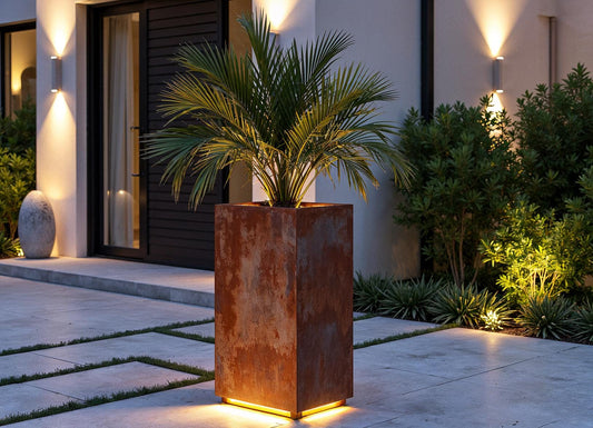 Modern Corten Steel Planter with LED Lighting - 35" Rust Patina Outdoor Decor