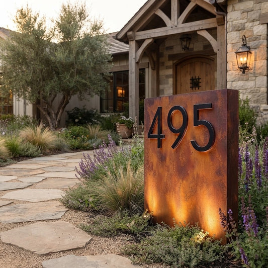 Modern Address Monument - Corten Steel look alike with integrated light