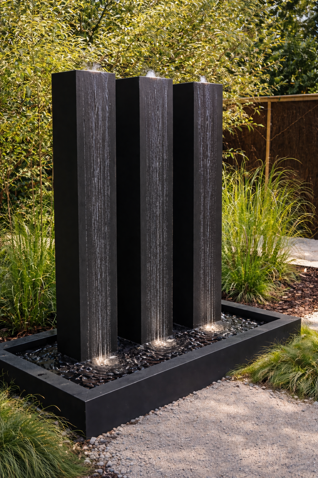 Modern Steel Water Fountain with LED Lighting – 3-Blocks Outdoor Water Feature