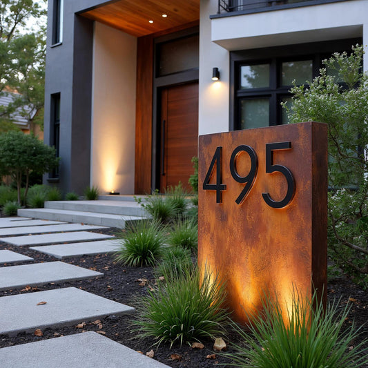 Custom Steel Address Sign with LED Backlighting – Modern Corten Style House Numbers