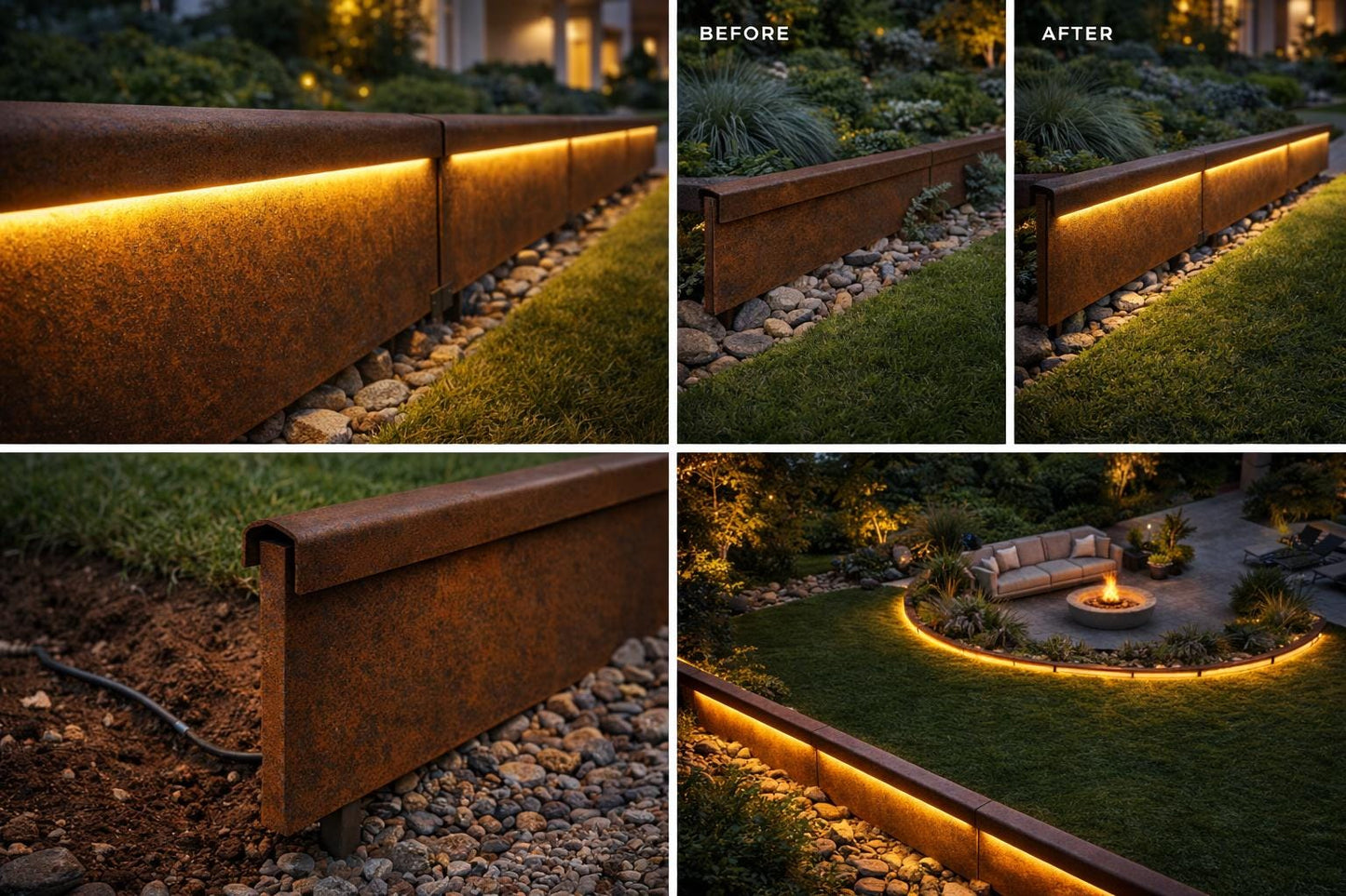 LED Steel Garden Edging – Landscape Border with Integrated Warm Light – Outdoor Lawn & Garden Edge
