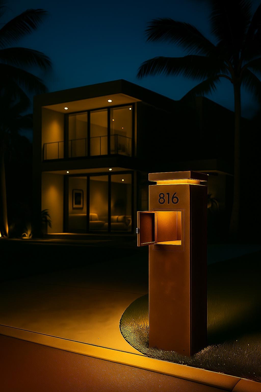 Modern Mailbox with LED Light & Custom Address Numbers – Handcrafted Rust Finish Outdoor Mailbox