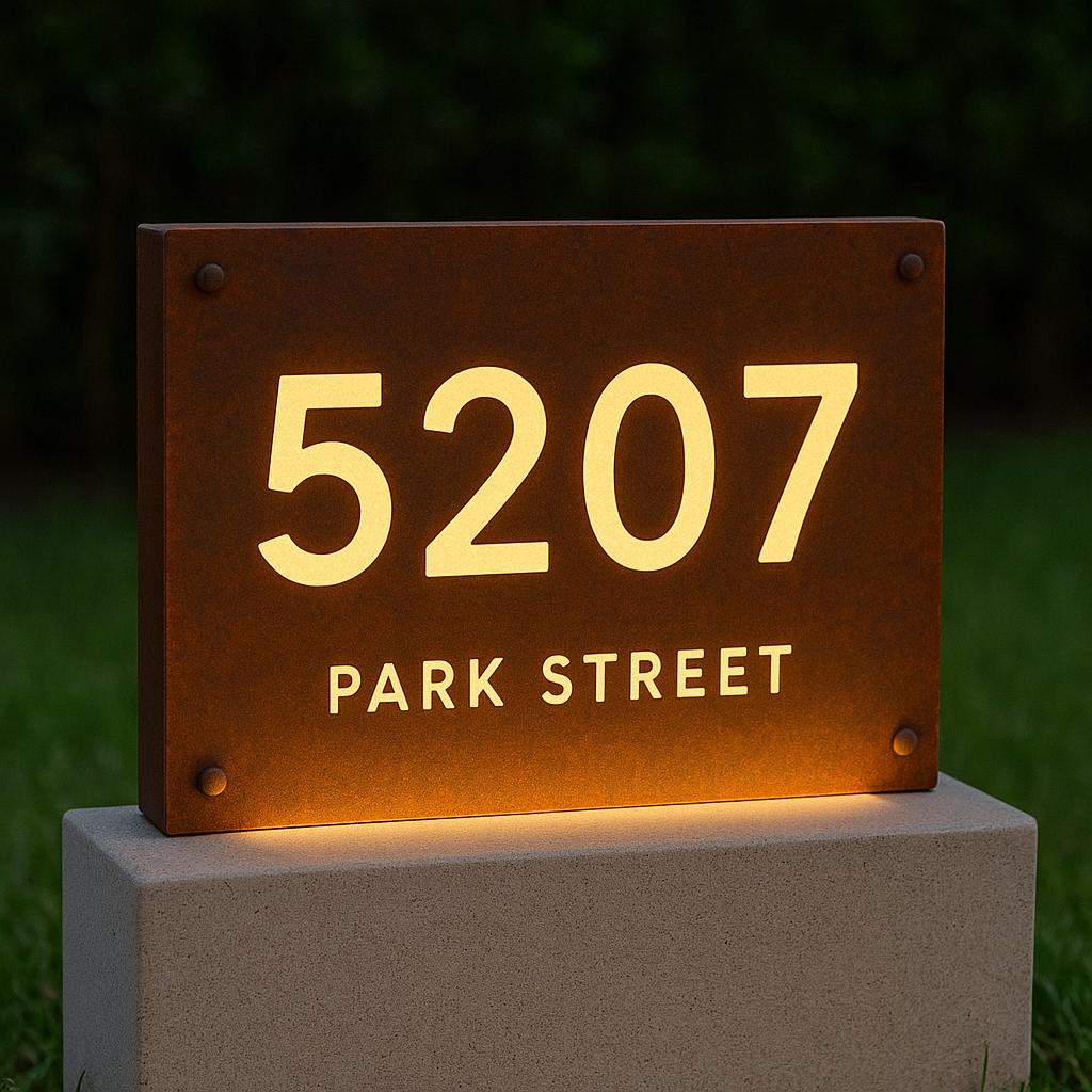 Custom Steel Address Sign with LED Backlighting – Modern Corten Style House Numbers