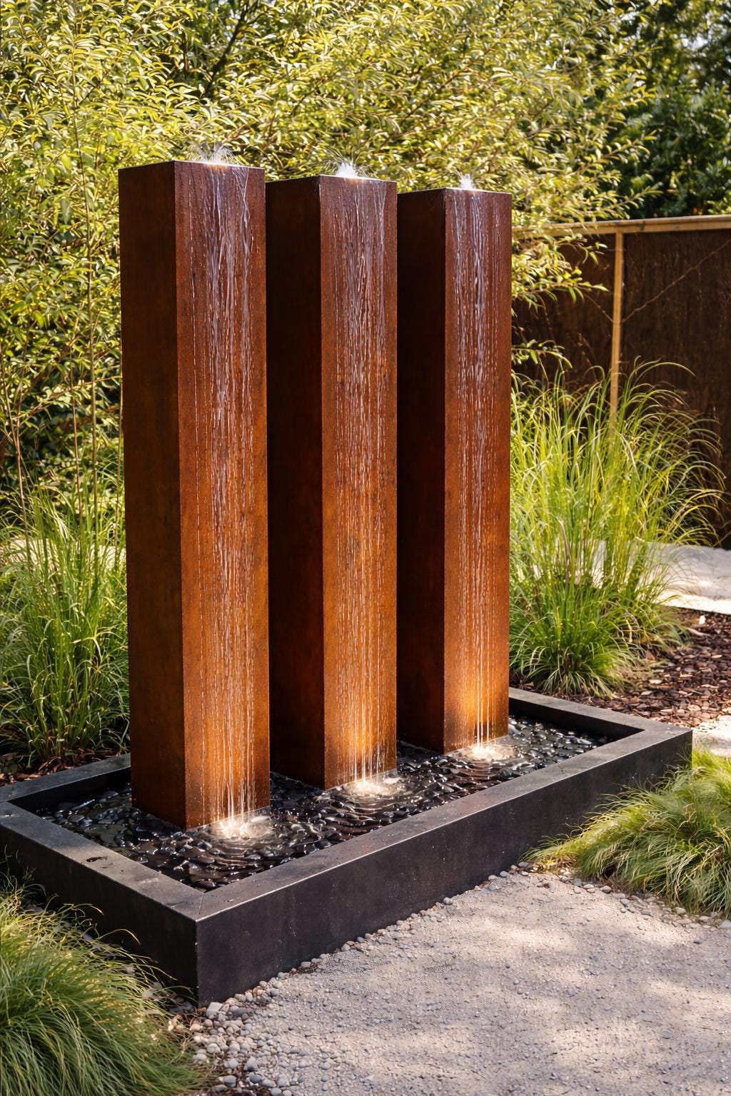 Modern Steel Water Fountain with LED Lighting – 3-Blocks Outdoor Water Feature