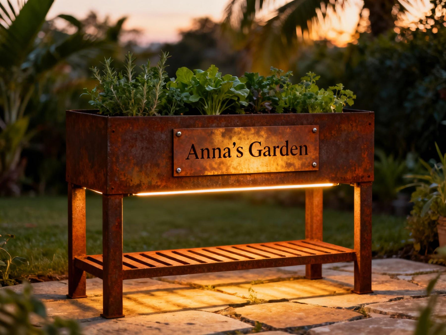 Raised Garden Bed with LED Lighting & Open Shelf – Modern Handcrafted Outdoor Planter