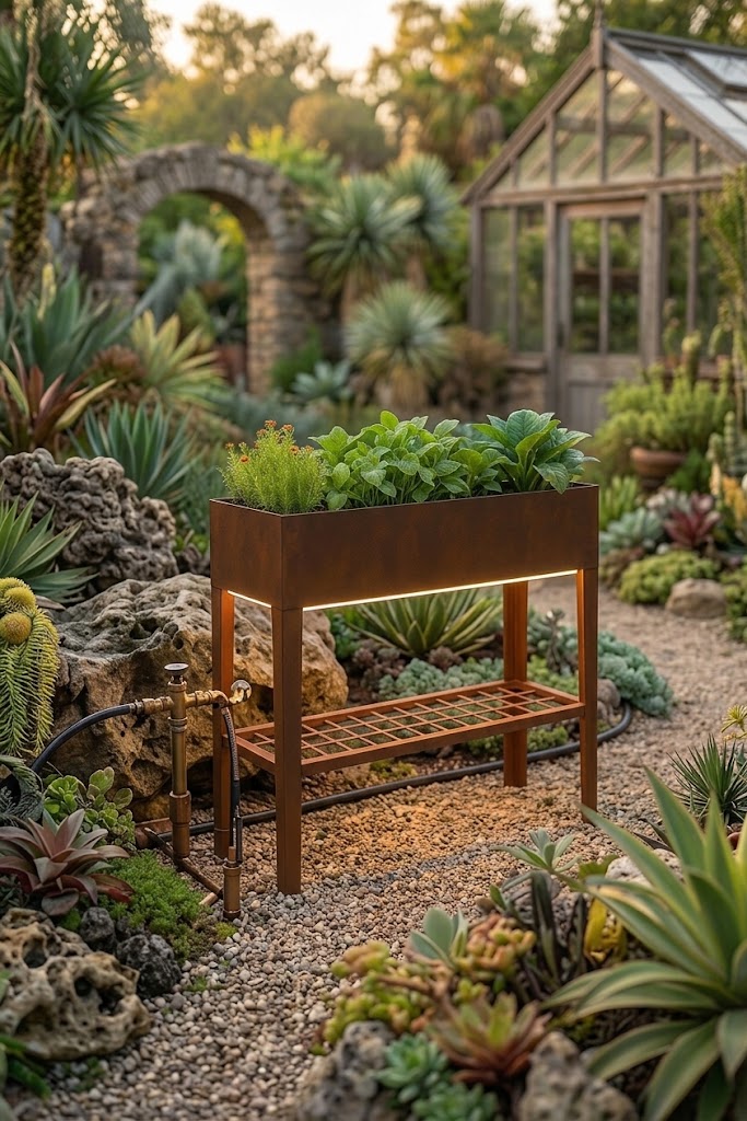 Raised Garden Bed with LED Lighting & Open Shelf – Modern Handcrafted Outdoor Planter