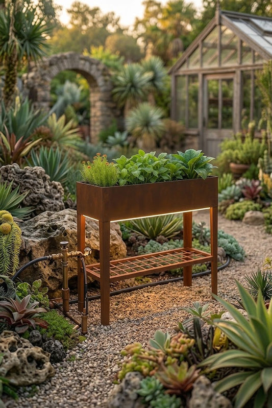 Raised Garden Bed with LED Lighting & Open Shelf – Modern Handcrafted Outdoor Planter