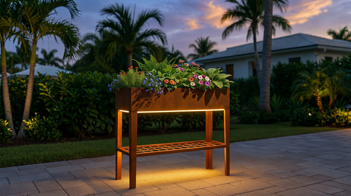 Raised Garden Bed with LED Lighting & Open Shelf – Modern Handcrafted Outdoor Planter