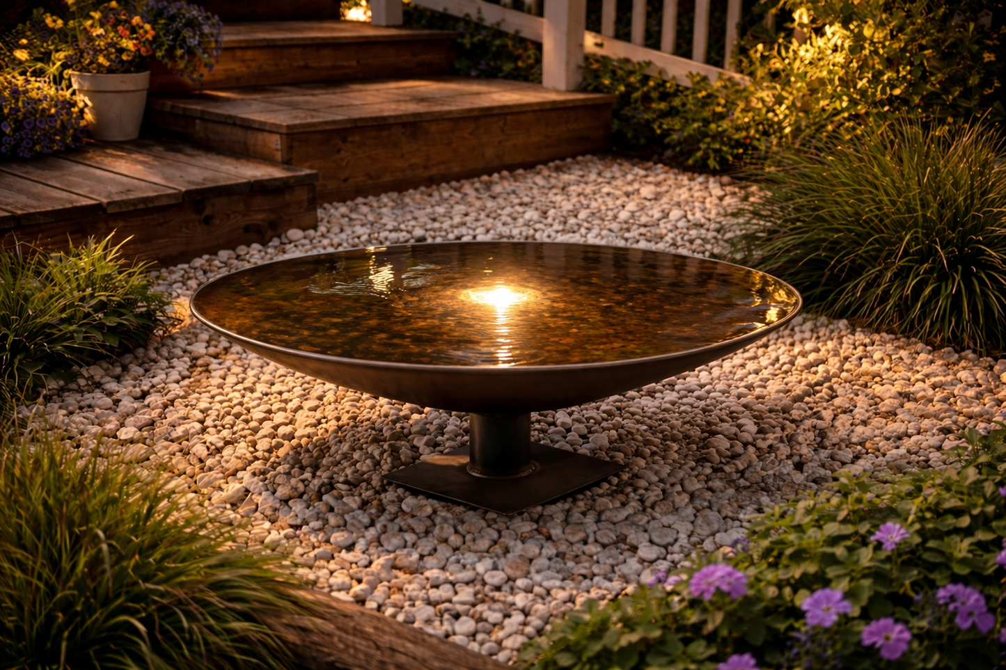 Minimalist Water Bowl with LED Light – 30” Handcrafted Outdoor Accent for Garden or Patio