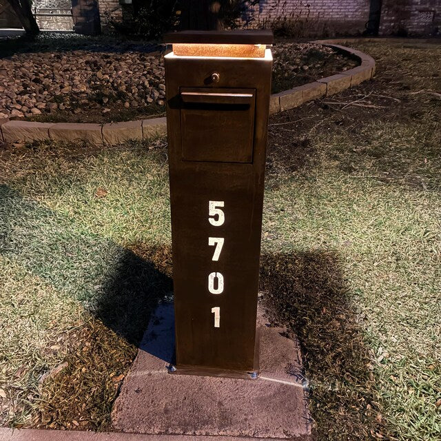 Modern Mailbox with LED Light & Custom Address Numbers – Handcrafted Rust Finish Outdoor Mailbox