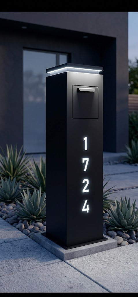 Modern Mailbox with LED Light & Custom Address Numbers – Handcrafted Rust Finish Outdoor Mailbox