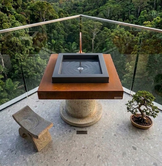Modern Corten Steel Bird Bath Fountain: Minimalist Garden Decor with LED