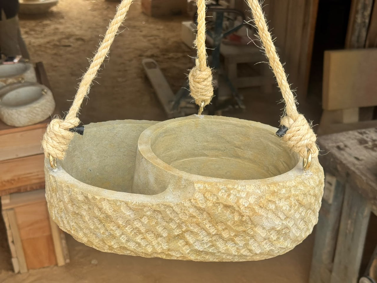 Handcrafted 2-Tier Natural Stone Bird Bath & Planter | Hanging Garden Oasis - Living Succulent Sanctuary