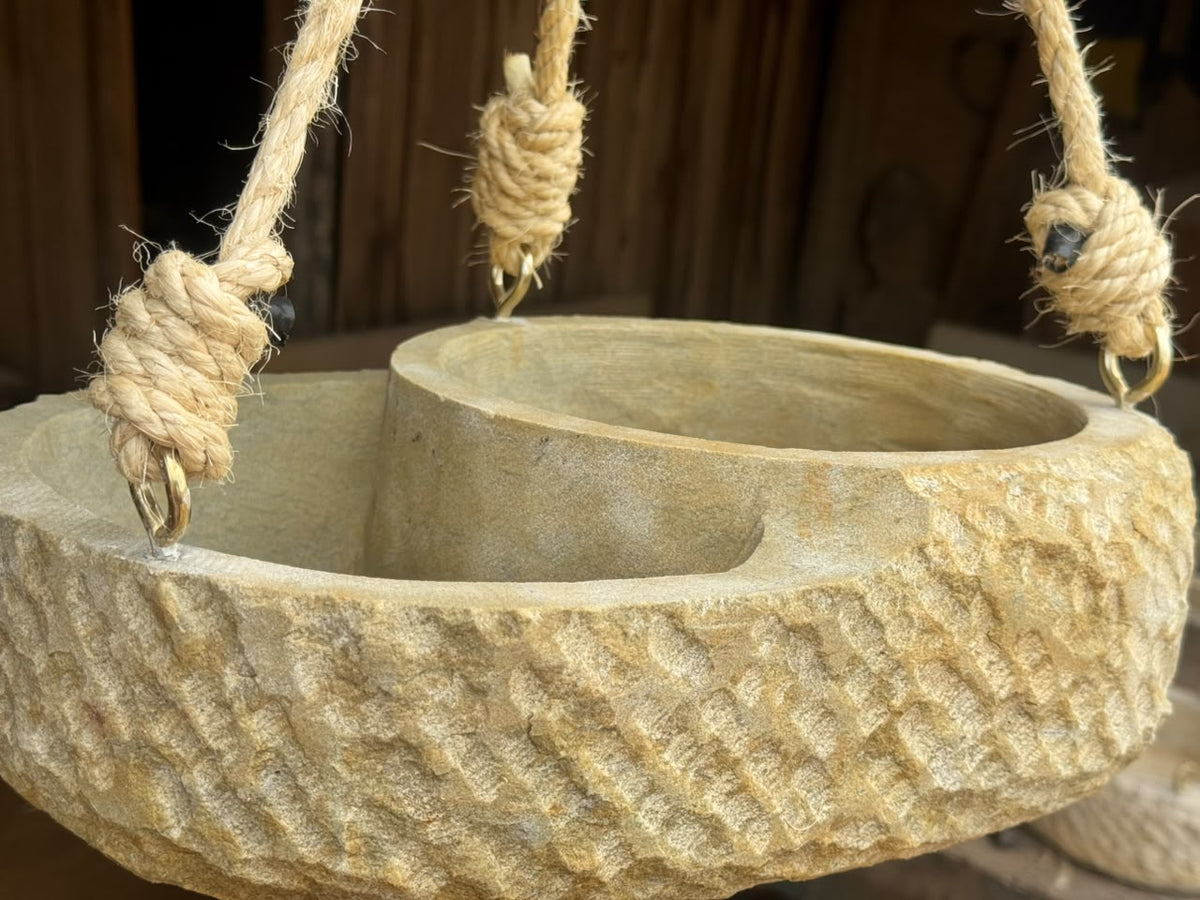 Handcrafted 2-Tier Natural Stone Bird Bath & Planter | Hanging Garden Oasis - Living Succulent Sanctuary
