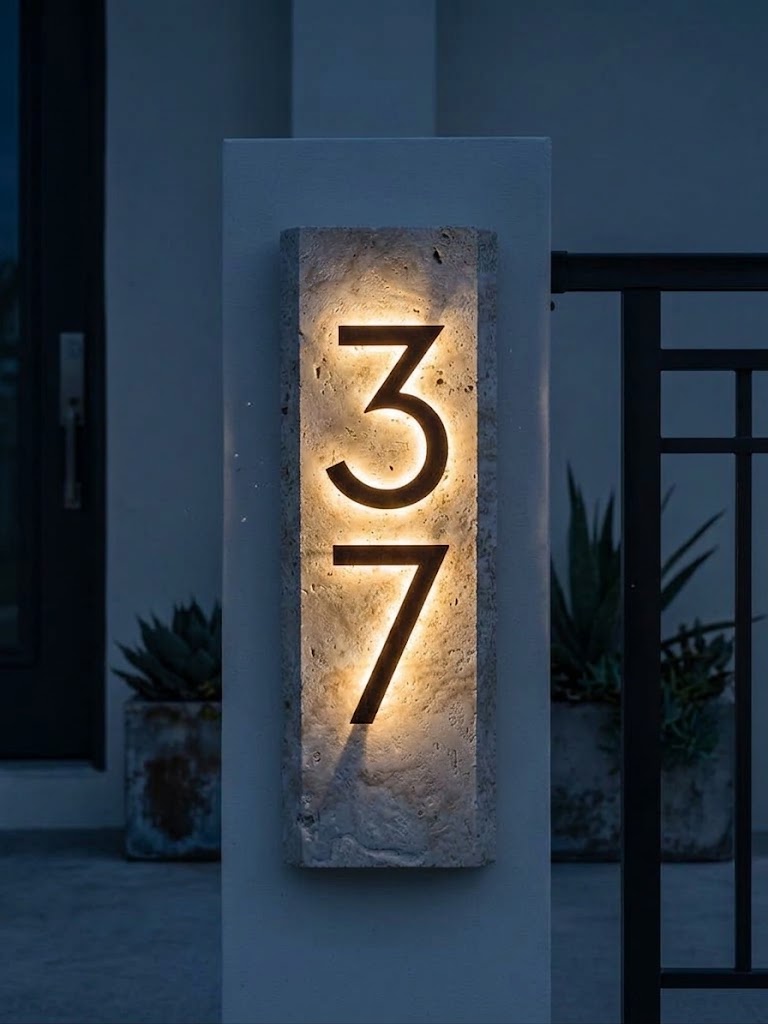 Custom Natural Stone Address Sign with LED Backlighting – Personalized Outdoor Address Plaque