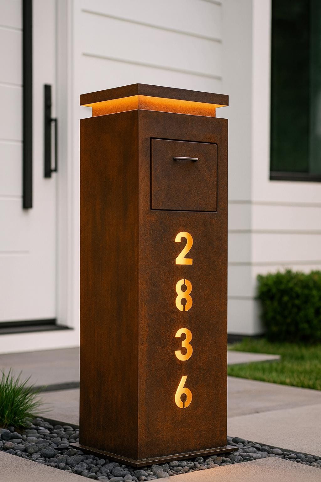 Modern Mailbox with LED Light & Custom Address Numbers – Handcrafted Rust Finish Outdoor Mailbox