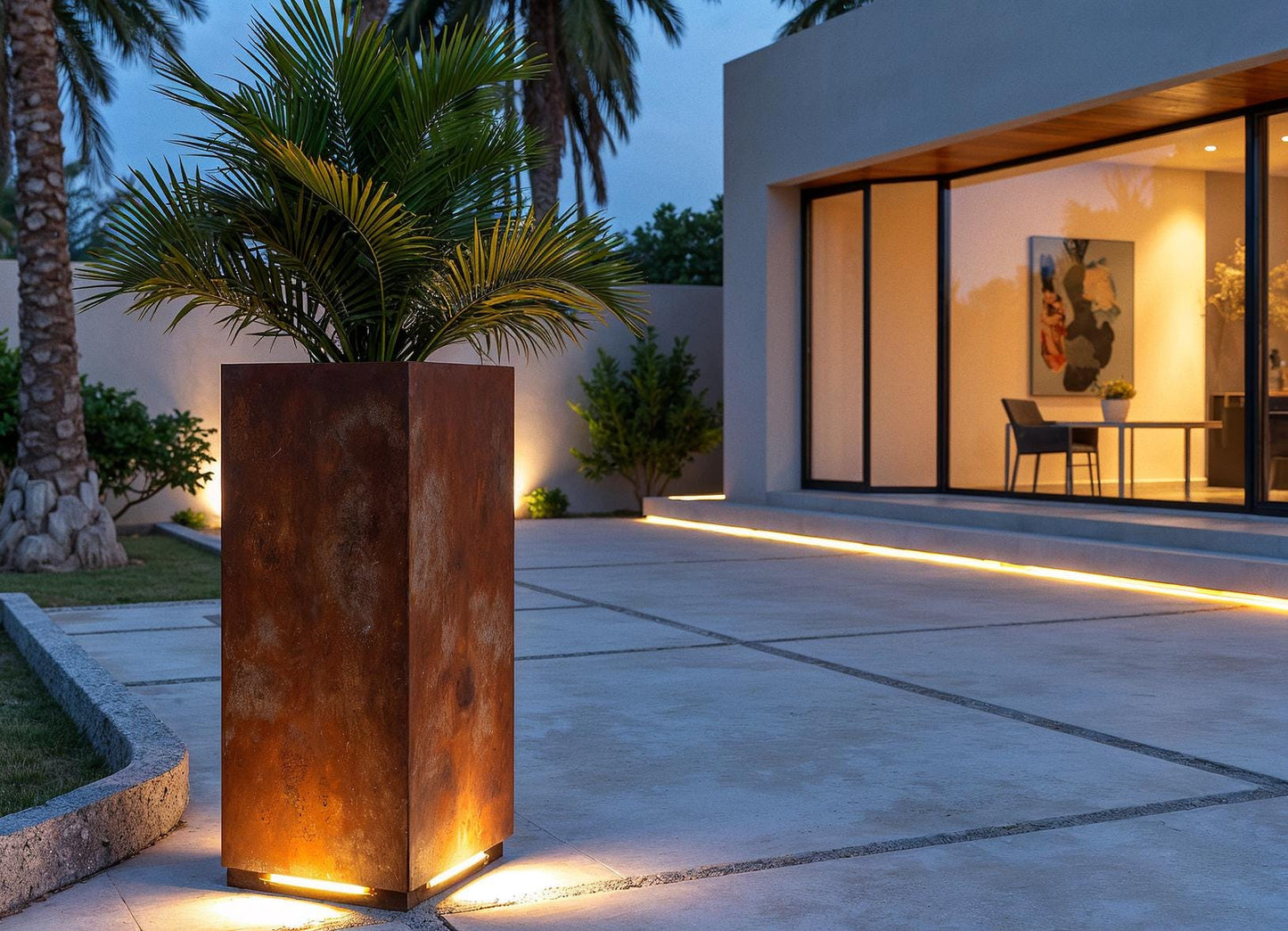 Modern Corten Steel Planter with LED Lighting - 35" Rust Patina Outdoor Decor