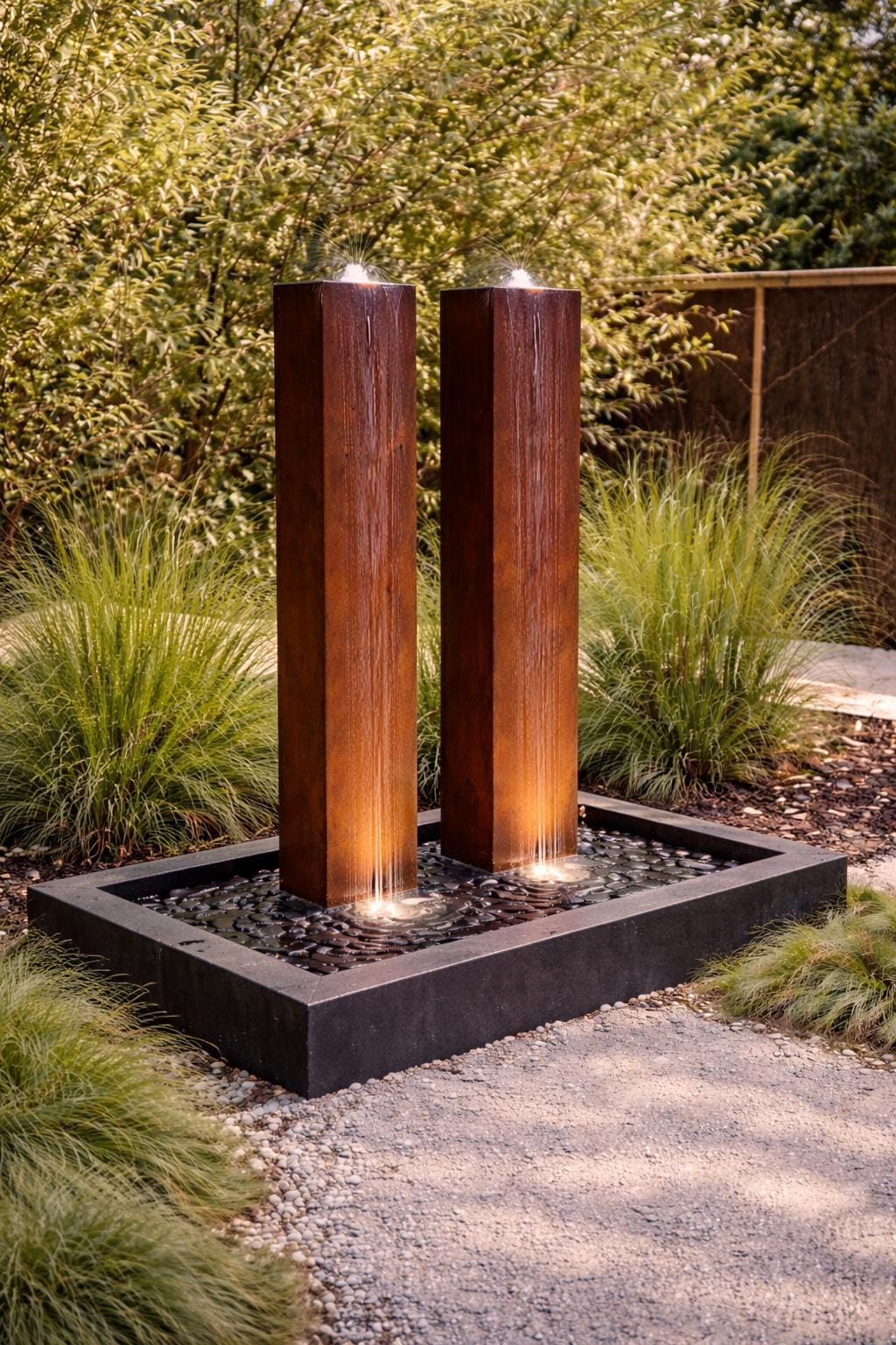 Modern Steel Water Fountain with LED Lighting – 3-Blocks Outdoor Water Feature