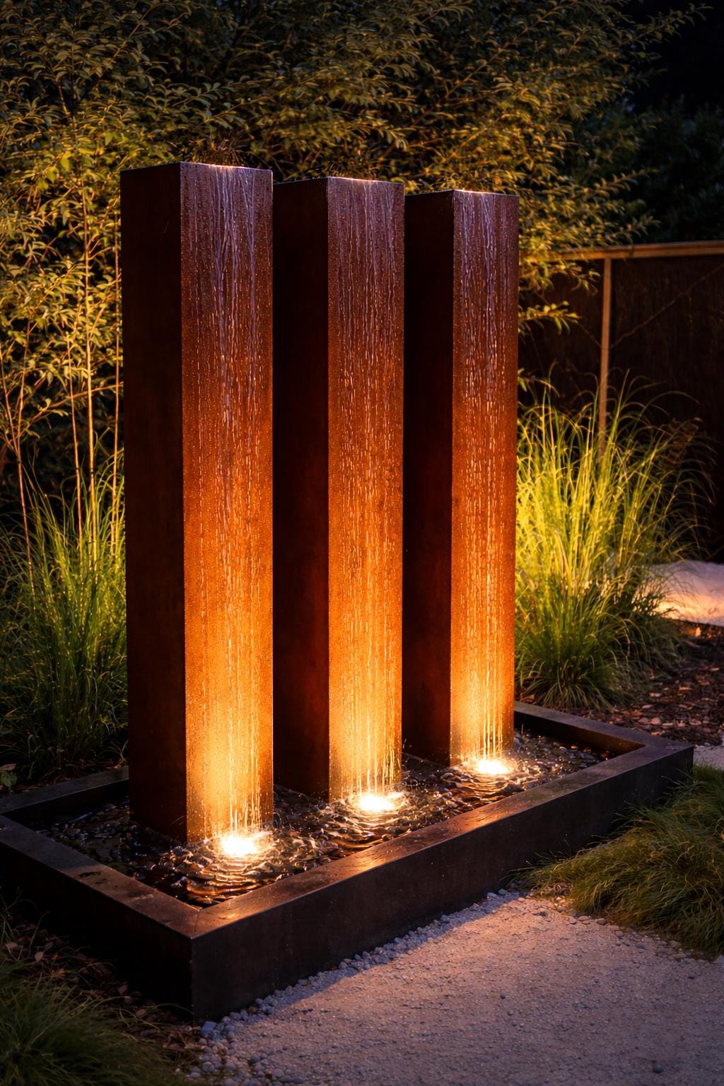 Modern Steel Water Fountain with LED Lighting – 3-Blocks Outdoor Water Feature