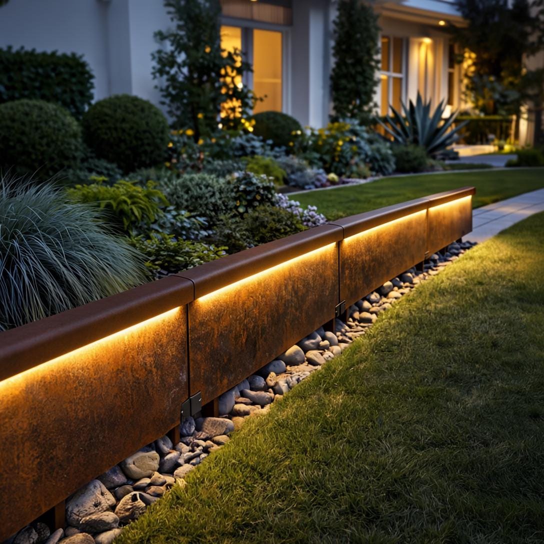 LED Steel Garden Edging – Landscape Border with Integrated Warm Light – Outdoor Lawn & Garden Edge