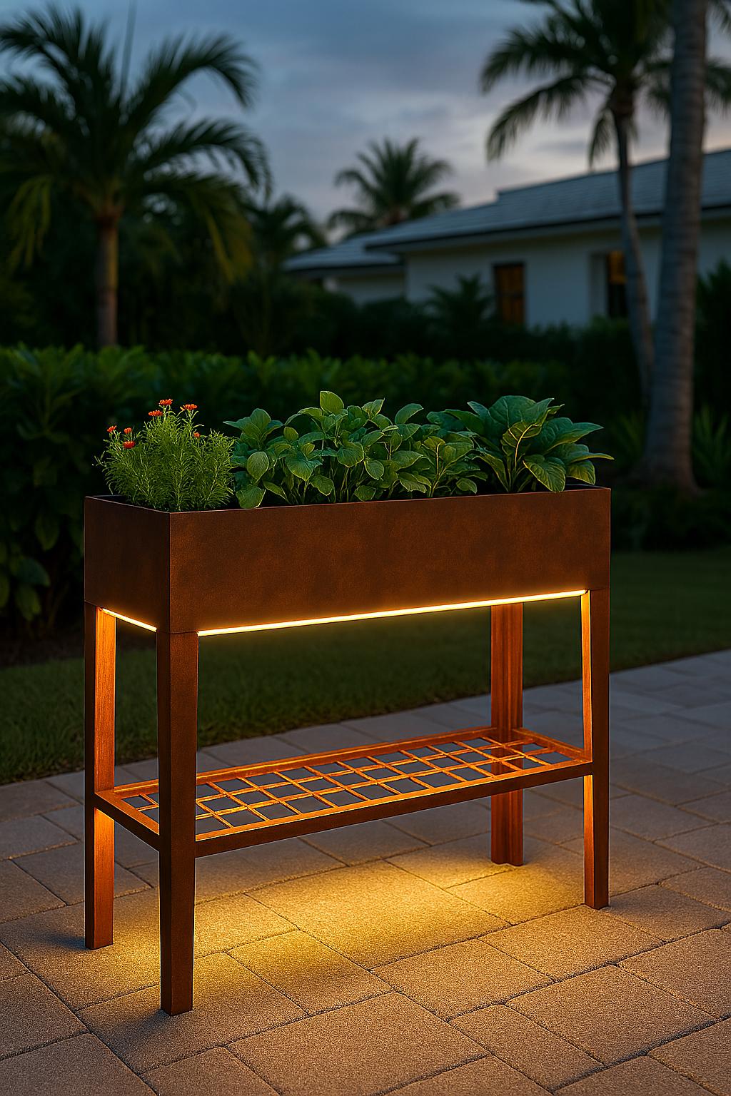 Raised Garden Bed with LED Lighting & Open Shelf – Modern Handcrafted Outdoor Planter