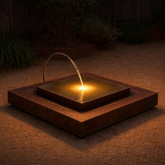 Modern Corten Steel Bird Bath Fountain: Minimalist Garden Decor with LED