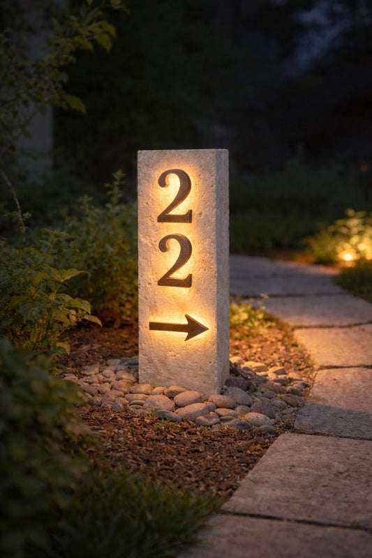 Illuminated Stone Address L-Shape corner with Steel House Numbers