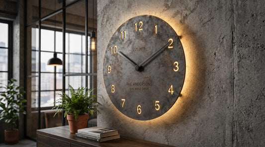 Personalized Raw Steel LED Wall Clock | Industrial Loft Decor, Custom Family Name Sign