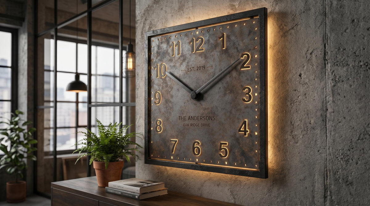 Personalized Raw Steel LED Wall Clock | Industrial Loft Decor, Custom Family Name Sign