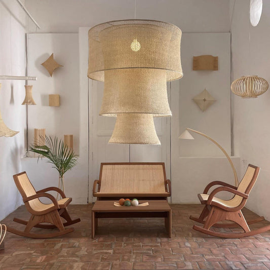 CILINDER- Handwoven Fique Pendant Light, Natural Fiber Boho Chandelier, Rustic Farmhouse Lamp