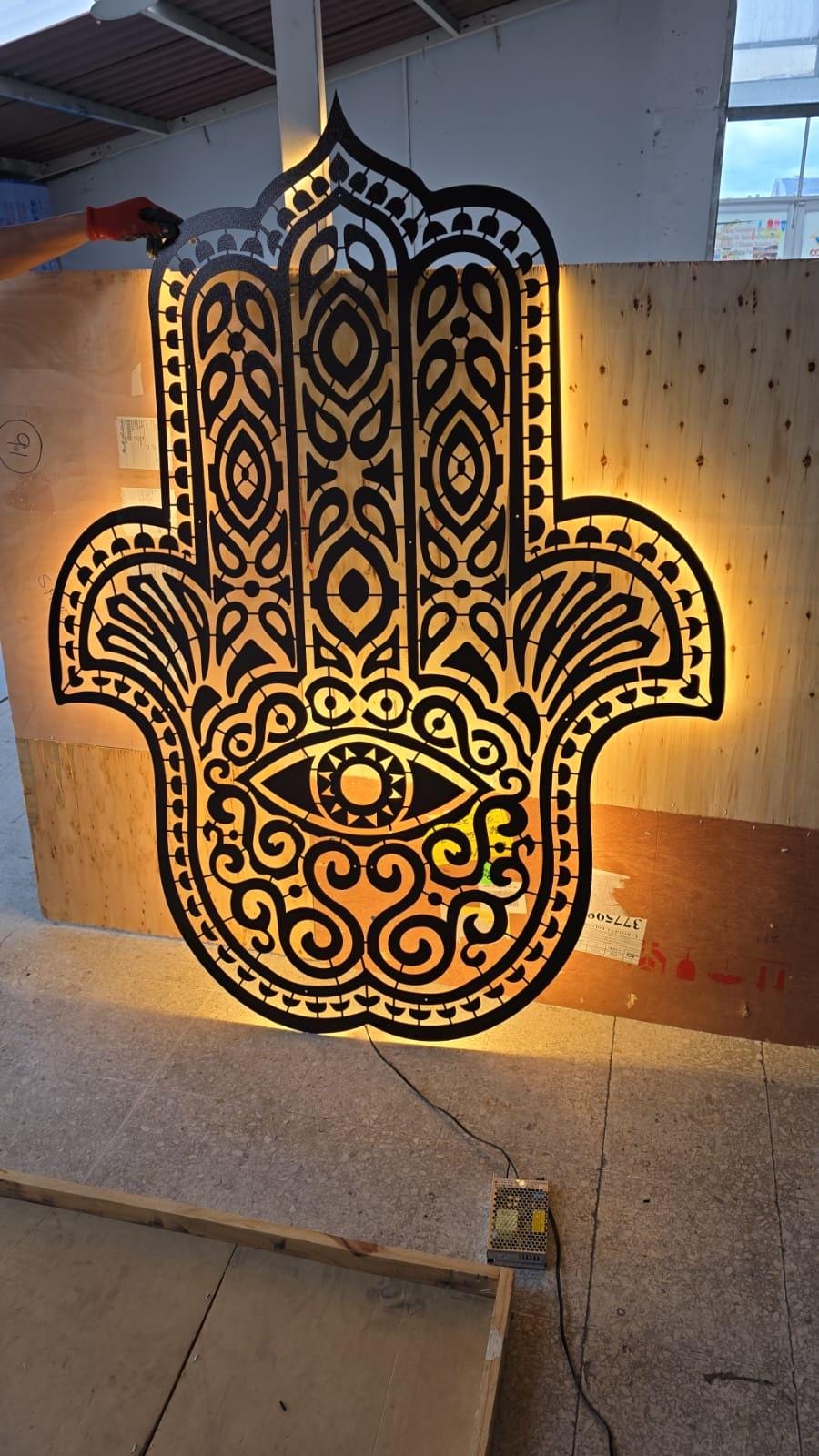 Custom Metal Hamsa Hand Wall Art | LED Backlit Steel Sculpture (6'x5')