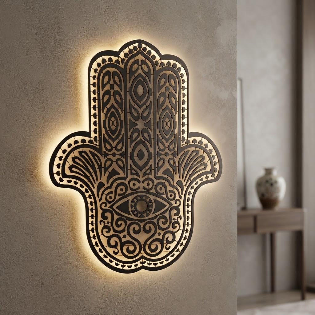 Custom Metal Hamsa Hand Wall Art | LED Backlit Steel Sculpture (6'x5')