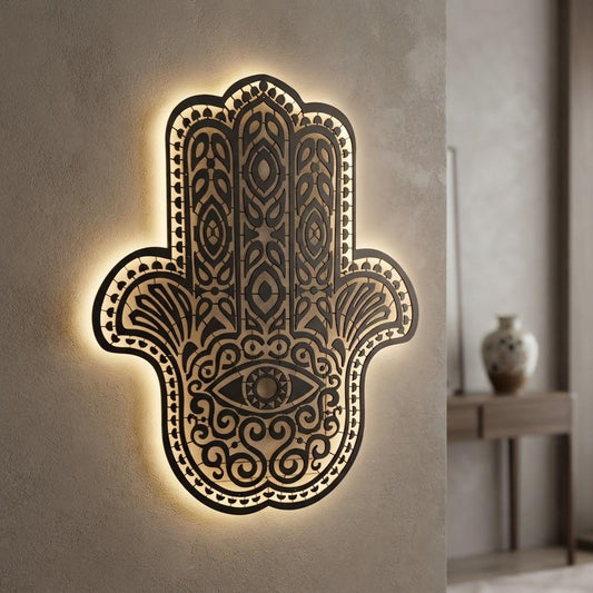 Custom Metal Hamsa Hand Wall Art | LED Backlit Steel Sculpture (6'x5')