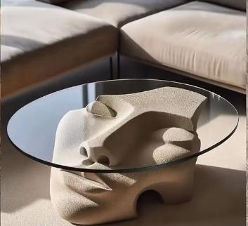 Sculptural Face Coffee Table | Abstract Stone-Finish Base, Tempered Glass Top