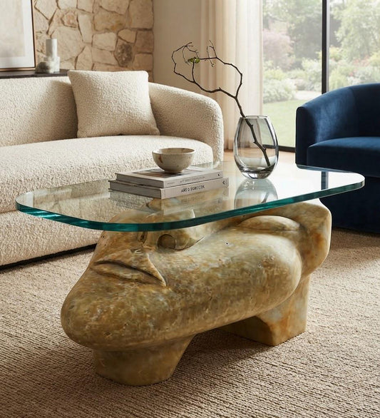 Sculptural Face Coffee Table | Abstract Stone-Finish Base, Tempered Glass Top