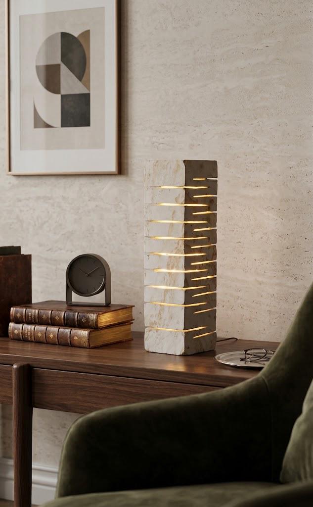 Handcrafted Travertine Stone Lamp, Carved Marble Column Light, Brutalist Desk Decor