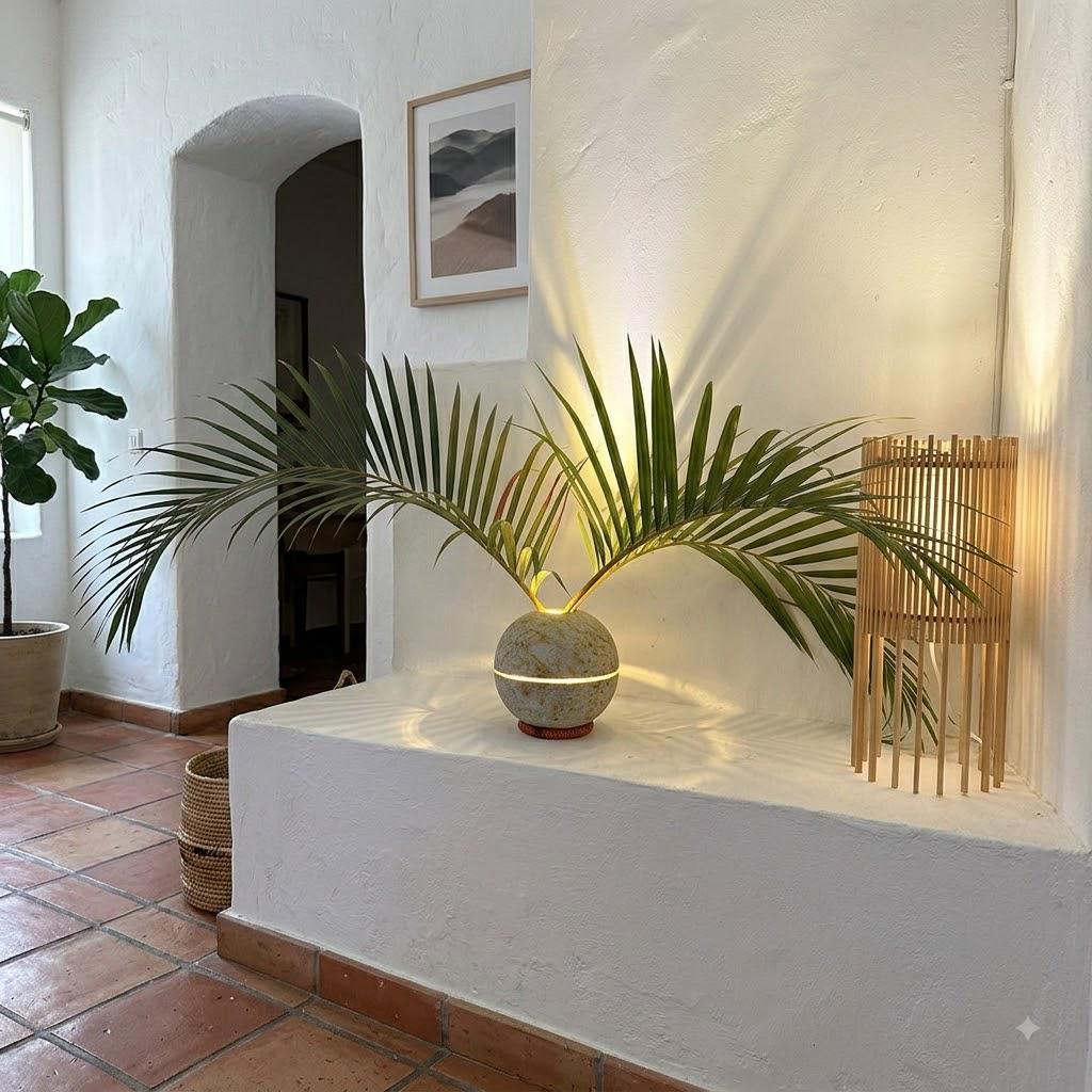 Natural Stone Sphere Planter Lamp – Organic Minimalist Vase, Zen Ambient Lighting