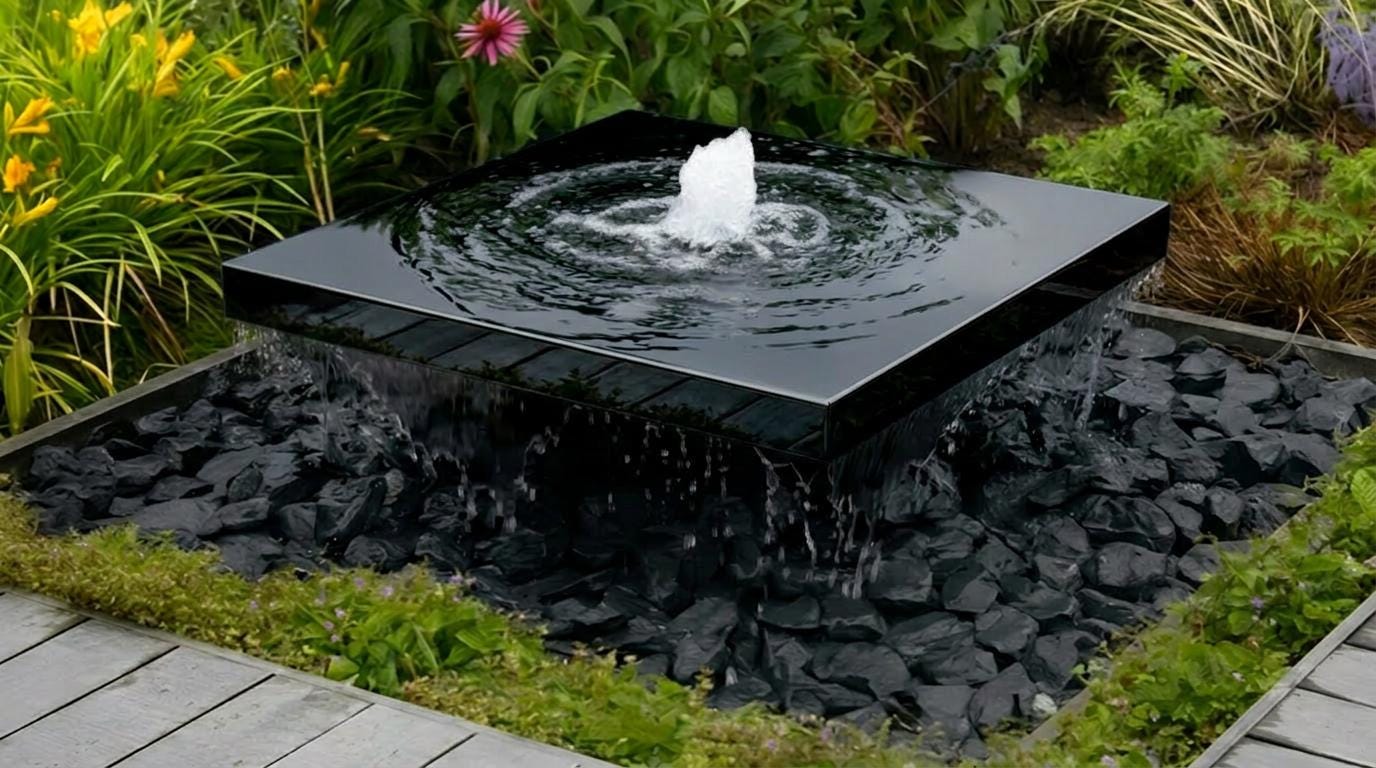 Modern Floating Steel Water Feature - Minimalist Outdoor Garden Fountain - Plug & Play